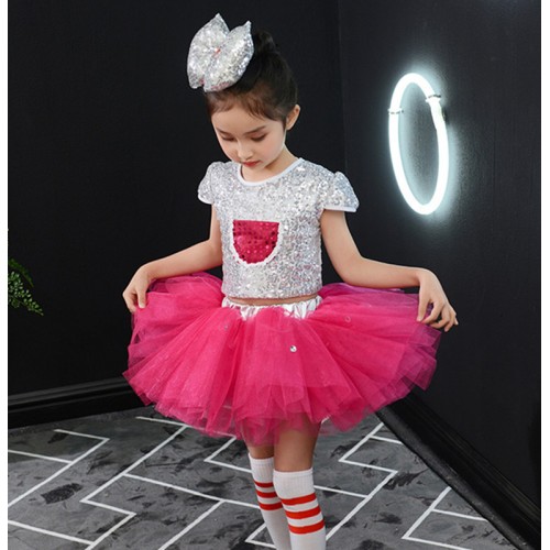 Girls kids toddlers silver with fuchsia sequins ballet dance costumes tutu skirts modern choir kindergarten stage performance outfits princess dress for baby